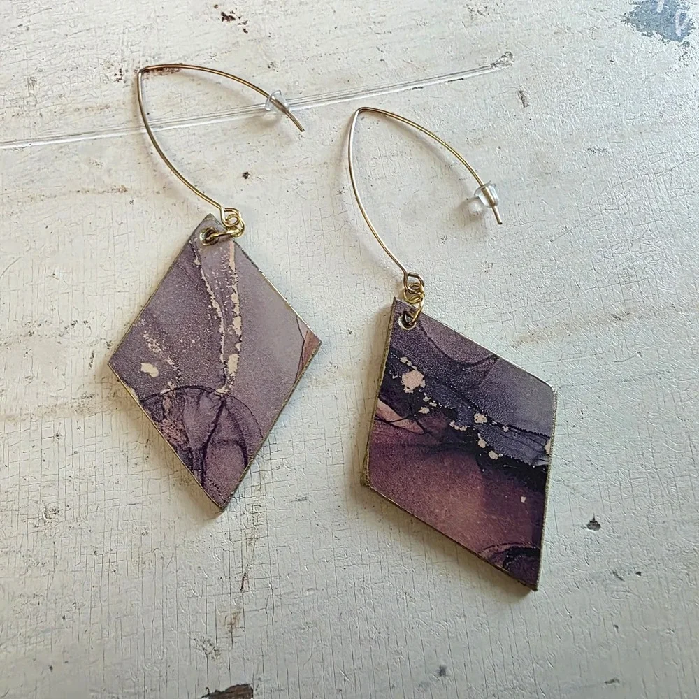 Handmade Abstract Wood Statement Earrings OOAK Taupe Brown Gold Metallic Dangles